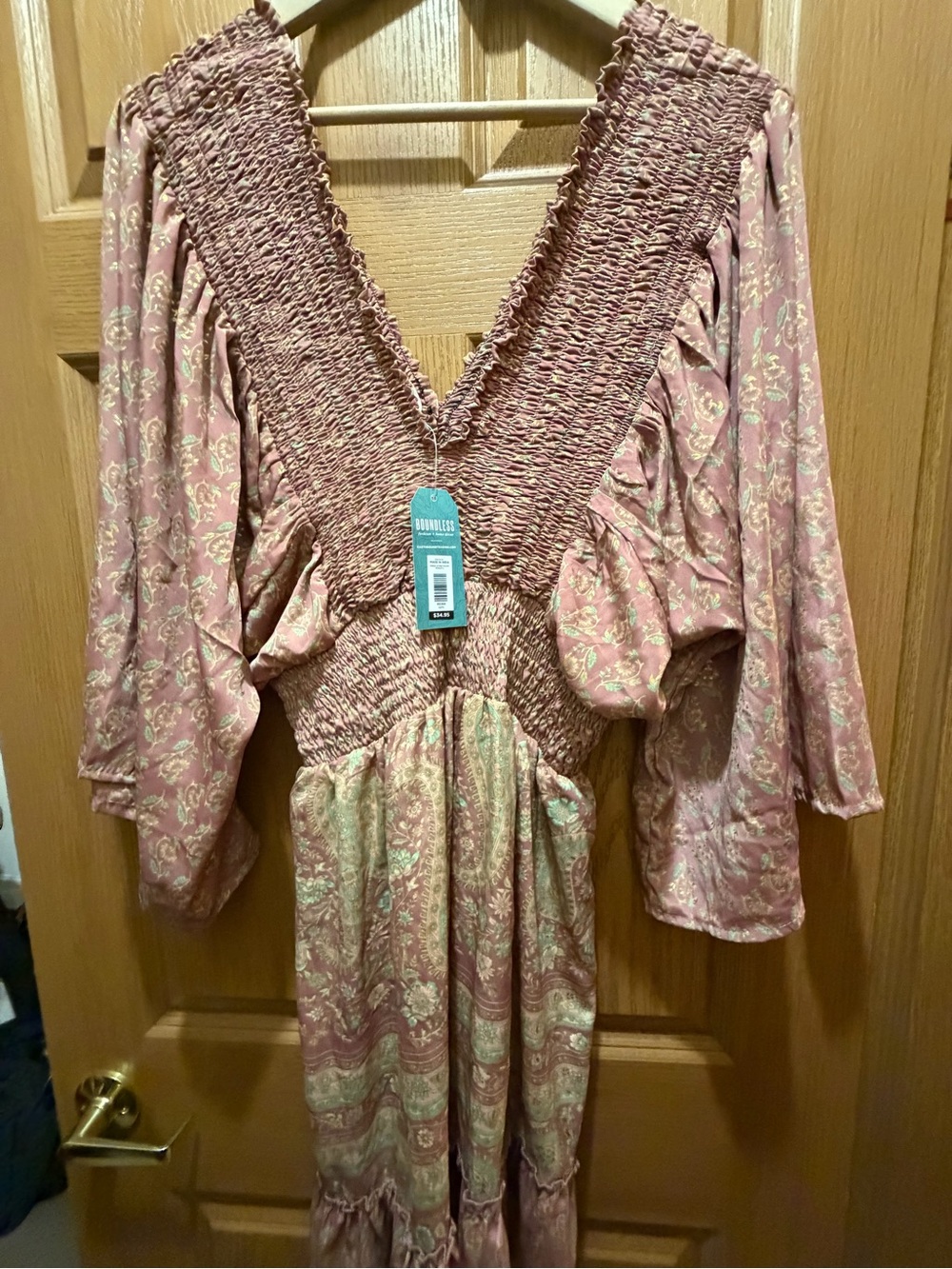 Smocked V-Neck Floral Sleep Dress in Dusty Pink